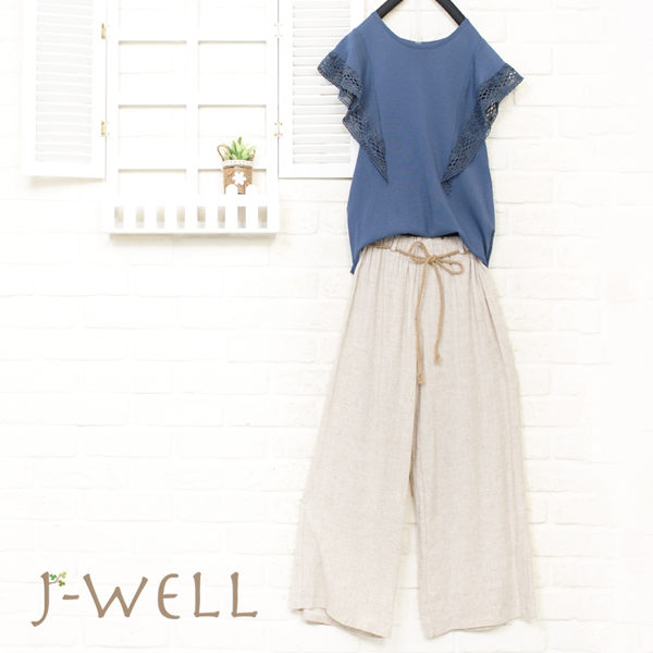 小資氣質款上衣棉麻綁繩寬褲兩件組 (組合A30 8J1478卡其/藍+8J1477咖啡/卡其)