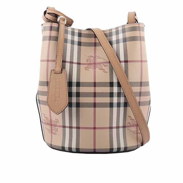 BURBERRY Haymarket格紋皮革斜背水桶包(駝色) 80360031