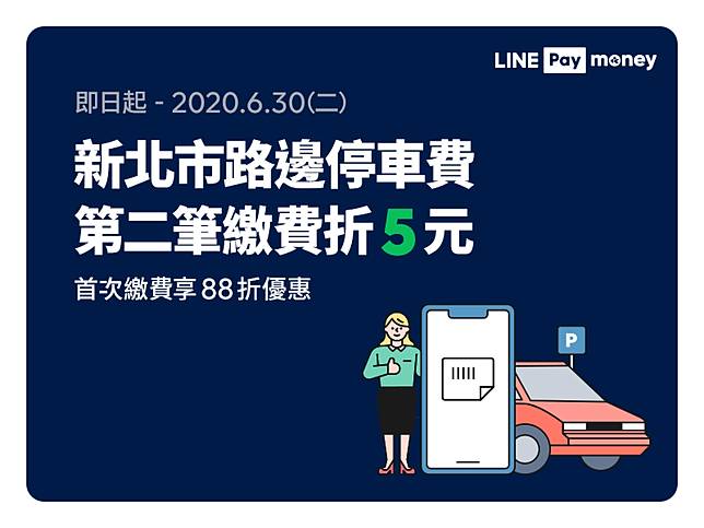 用line Pay繳新北市停車費 第2筆現折五元 首次繳費再享88折