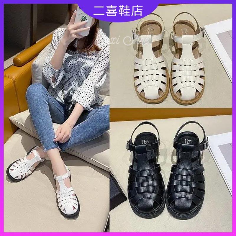 二喜鞋店 包頭魚骨涼鞋 羅碼涼鞋 韓版百搭厚底涼鞋女 牛津鞋 編織復古涼鞋 時尚外穿編織仙女風羅馬包頭涼鞋女 厚底 防滑 露天拍賣