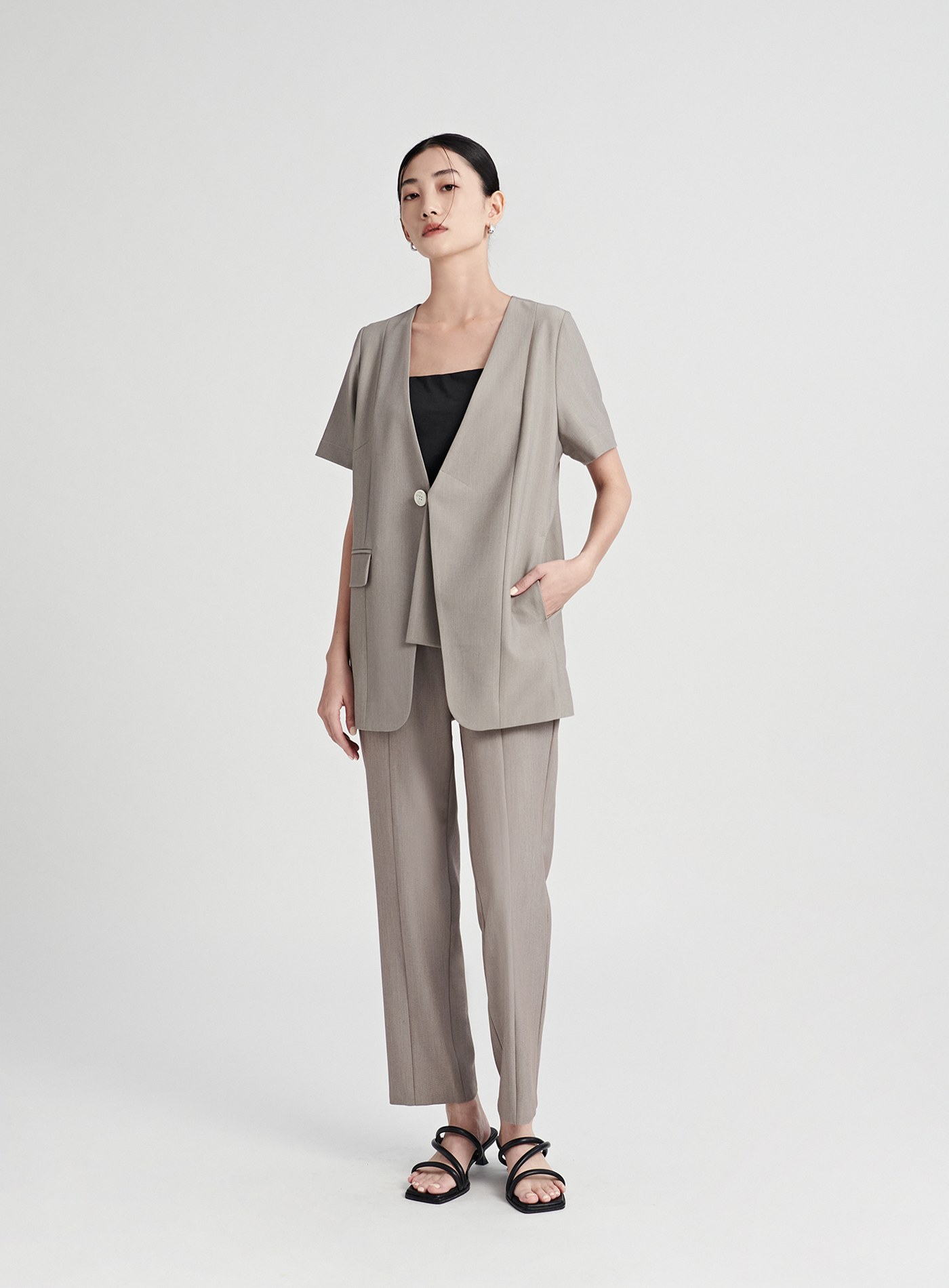 rather 質感無領雙層門襟短袖西裝外套