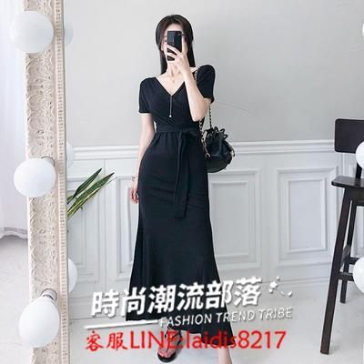 洋裝連身裙【預購款】時尚顯瘦長裙v領性感包臀連身裙度假沙灘裙1895【時尚潮流部落】