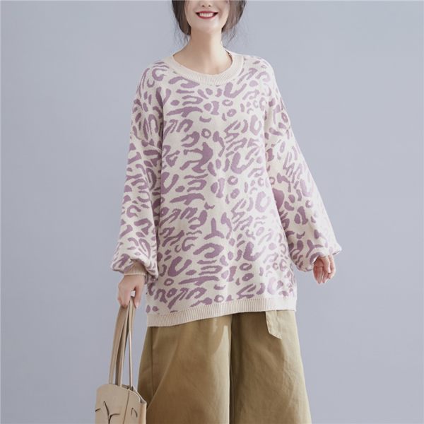豹紋燈籠袖毛衣女秋冬新款韓版寬鬆大尺碼顯瘦時尚長袖套頭針織上衣 低價促銷