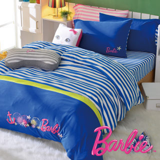 【Barbie】針織棉刺繡雙人床包被套四件組《Blue Ocean 藍洋星》