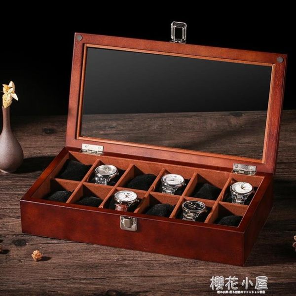 木質制天窗帶鎖扣手表盒首飾品手串鏈收納藏儲物展示盒子『櫻花小屋』