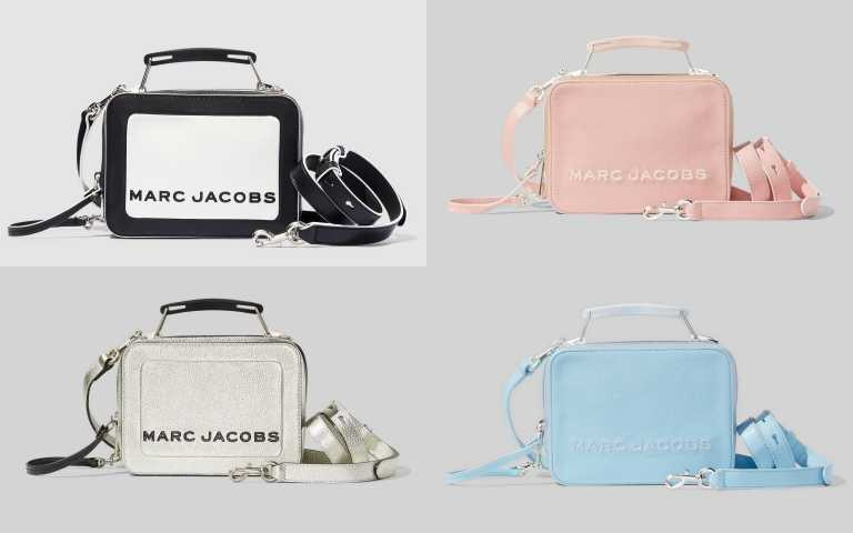 MARC JACOBS 黑白20公分The Box餐盒包／16,900元、科技銀20公分The Box餐盒包／17,900元、櫻花粉20公分The Box餐盒包／16,900元、 冰雪藍20公分The Box餐盒包／16,900元（圖／品牌提供）