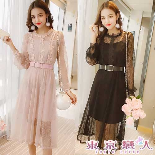 蕾絲洋裝 韓版透明燈籠袖中長款連身裙+内搭吊帶裙★東京戀人MS.Q★6687