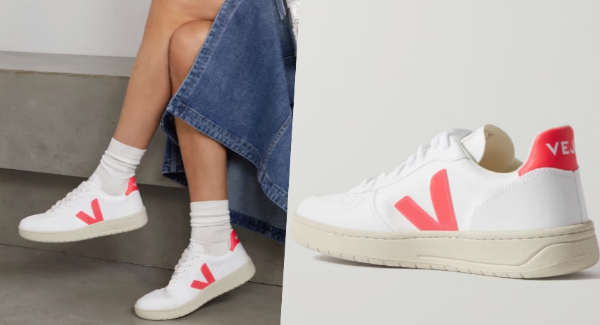 VEJA V-10 螢光邊飾純素紋理皮革運動鞋