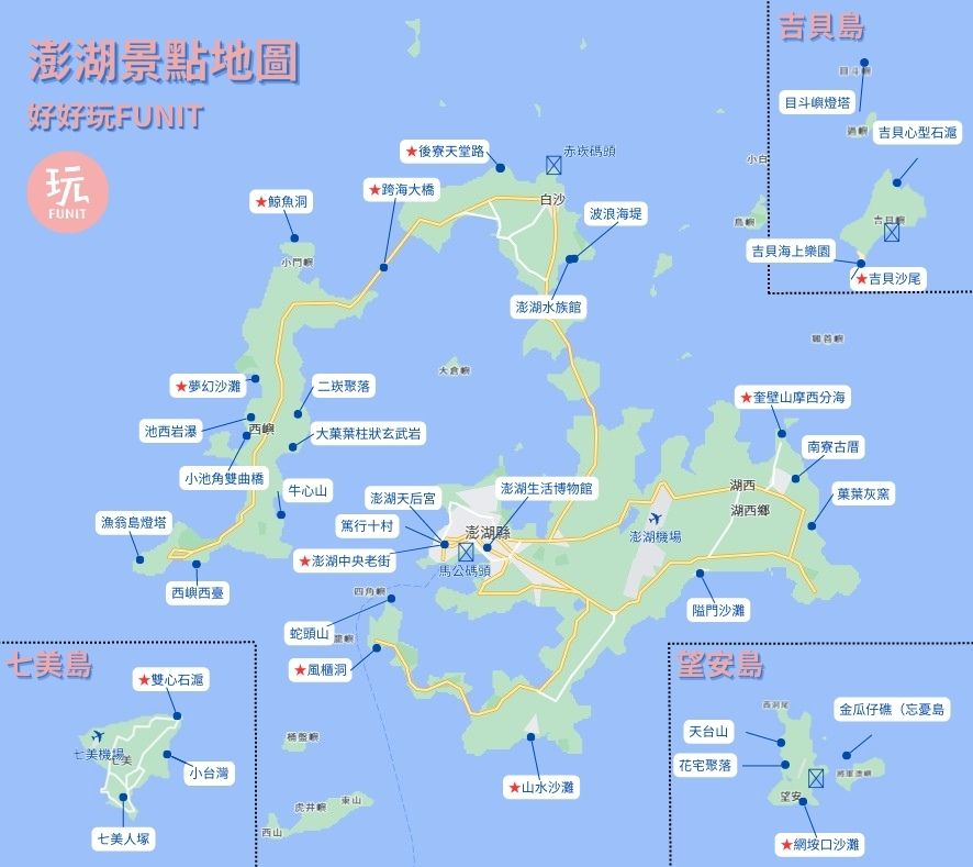 澎湖景點地圖 澎湖好玩地點快速分類，不管是澎湖本島、離島通通收錄在這，想規劃個澎湖幾日遊不再是難事，搭配澎湖套裝行程深入遊澎湖，安排澎湖行程就是這麼簡單~