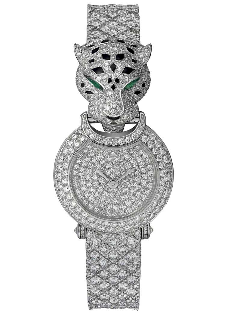 CARTIER「La Panthère系列」美洲豹全鋪鑲鑽腕錶，鍍銠白K金錶殼，錶徑23.6mm，鑽石820顆╱價格店洽。（圖╱CARTIER提供）