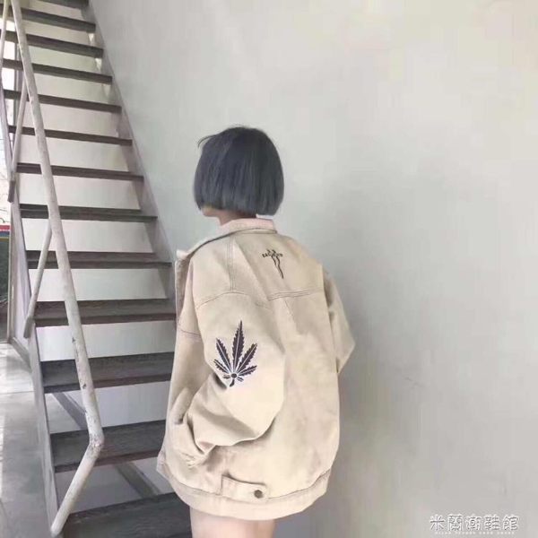 復古港風chic麻葉雙色工裝夾克男女同款寬鬆bf牛仔外套情侶款上衣 米蘭潮鞋館