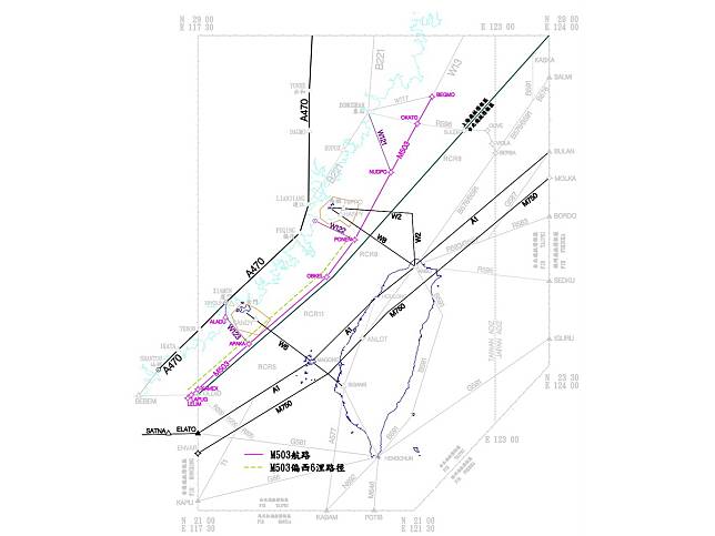 交通部民航局公布的M503航路示意圖 (圖取自民航局網站)