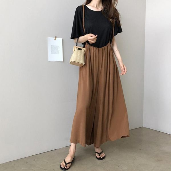 韓版寬鬆大碼雪紡寬管褲女高腰吊帶連身褲吊帶褲夏九分褲寬腿褲裙 喵小姐