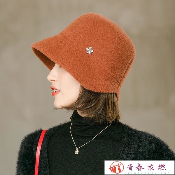 毛線帽 帽子女春秋款百搭毛呢短檐水桶盆帽洋氣小邊時尚大頭圍冬季漁夫帽【青春衣燃】