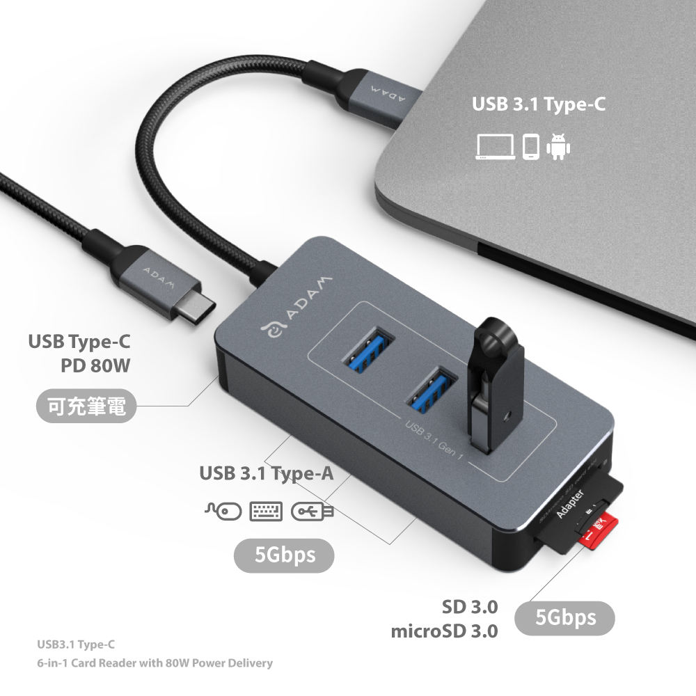 USB 3.1 Type C 6 port 多功能讀卡器．全球最輕薄的80瓦大功率Type-C筆電萬用智能充電器+USB3.1 Hub資料傳輸+讀卡機．雙卡槽設計，支援SD、microSD記憶卡．體積