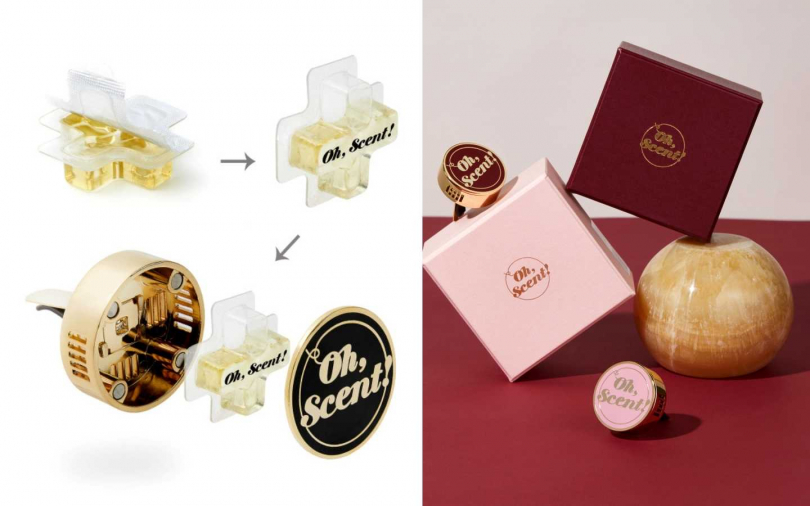 (左)繽紛活潑可愛的車上香氛，打開有內含一顆金屬造型夾扣及一入香氛補充包。(右)Oh, Scent！精緻車上香氛系列經典LOGO款/1,390元。（圖／品牌提供）