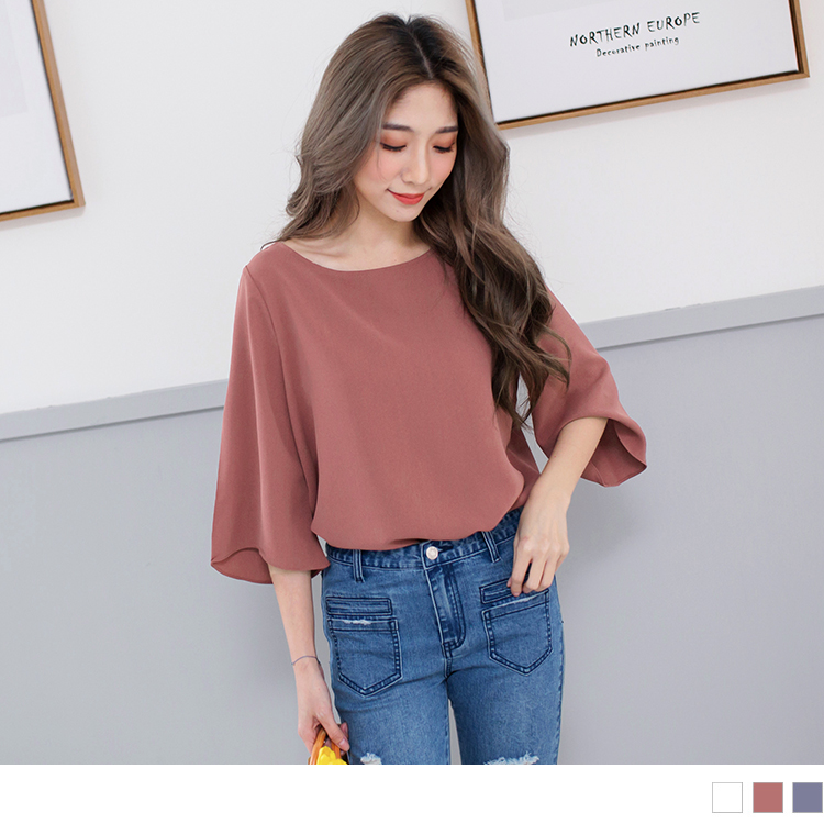 純色雪紡五分袖飄逸上衣