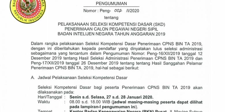 Catat Badan Intelijen Negara Umumkan Jadwal Dan Lokasi Tes Skd Cpns 2019 Kompas Com Line Today