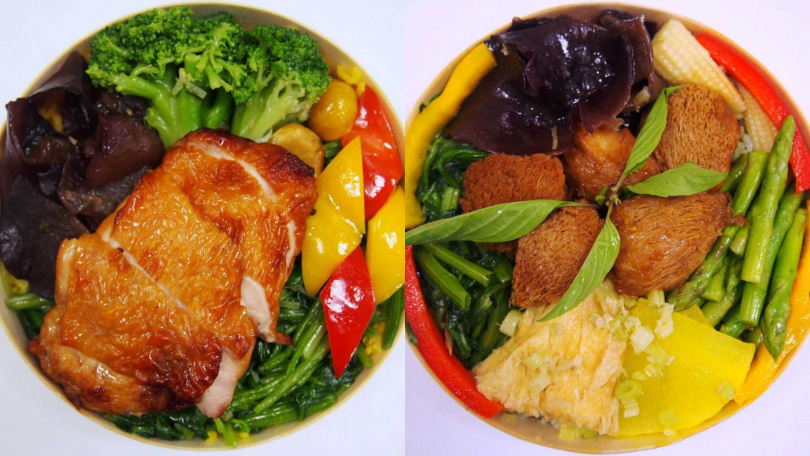 台北的推出紹興雞腿排（左）及素食者食用的香椿蔬食便當（右）。（圖／臺灣鐵路管理局）