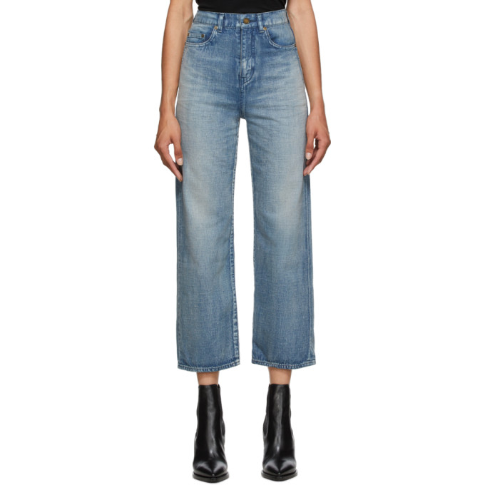 蓝色直筒牛仔裤，采用无弹丹宁面料，经过褪色处理。高腰剪裁，五袋款式，腰带环裤腰，拉链门襟。金色复古五金。供应商配色：Blue