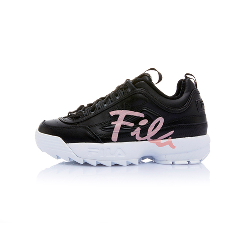 FILA DISRUPTOR2 女草寫復古運動鞋(鋸齒鞋/老爹鞋)-黑 / 桃紅 5-C113T-020