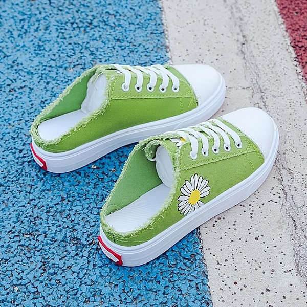 2020新款夏季半拖鞋女小皺菊無后跟百搭學生平底懶人鞋韓版帆布鞋