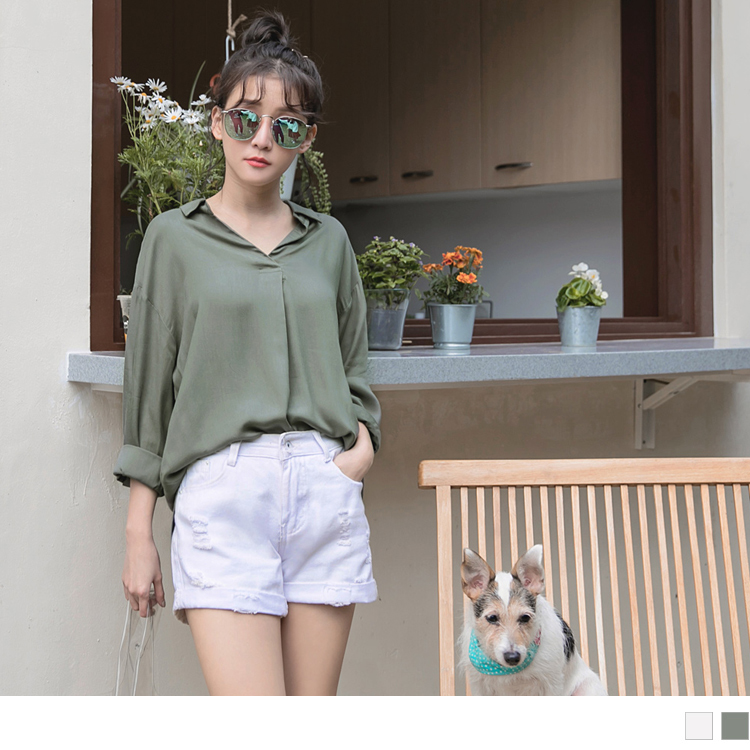 純色V領襯衫領落肩七分袖上衣