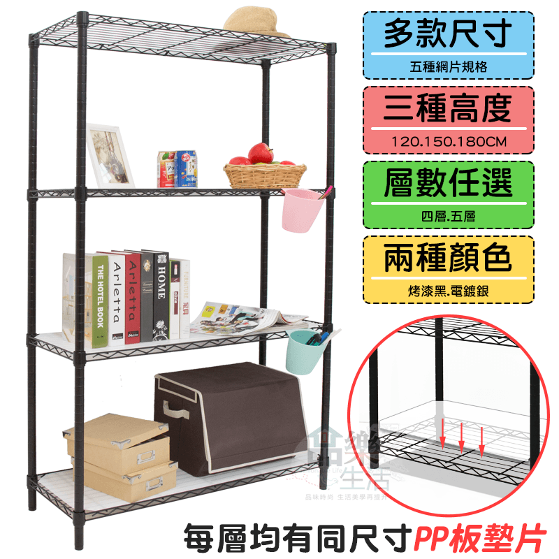 超耐重鐵力士PP板置物架，每層耐重可達50kg-70kg！電鍍採用專利插銷管式連接；烤漆採用鎖管式連接，結構穩固，拆解便利又快速！讓您放心置放物品不掉落，創意收納自由運用，滿足你的收納需求！
