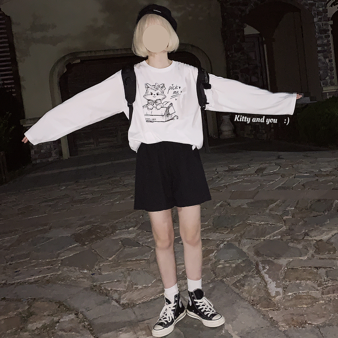 原創復古少女可愛古著感小貓咪純棉百搭打底白色寬鬆長袖T恤 U