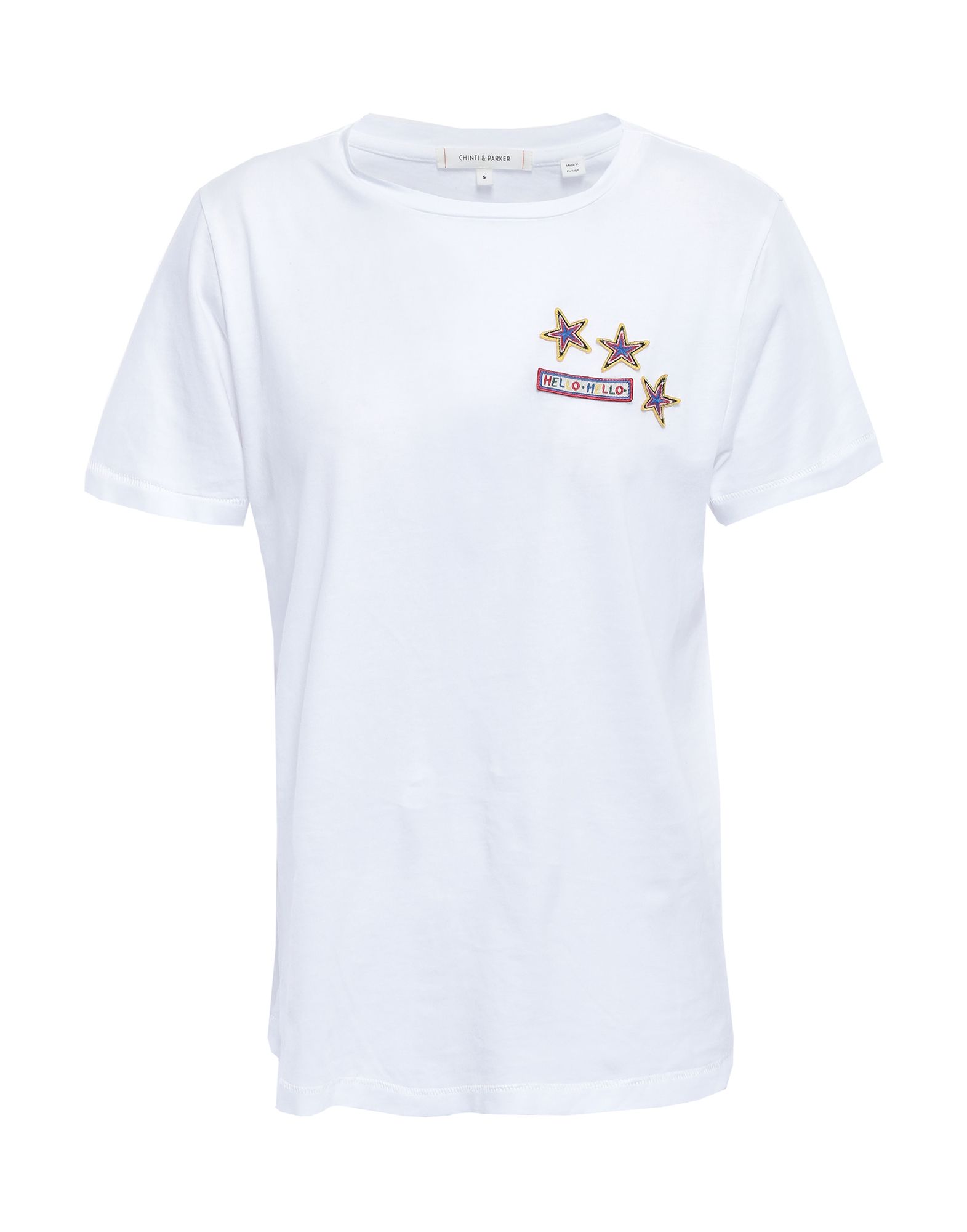 jersey, contrasting applications, logo, solid color, round collar, short sleeves, no pockets.