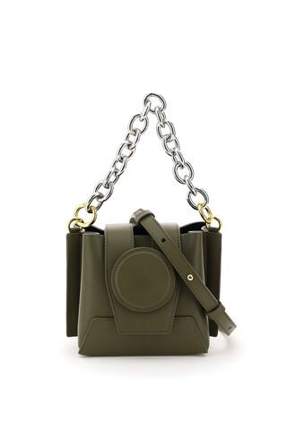 Yuzefi handmade leather bucket bag with removable chain handle. It features a removable and adjustab