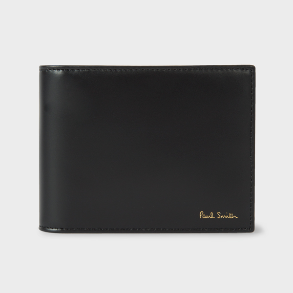 Men's black calf leather billfold wallet with a textured signature stripe interior and an integrated