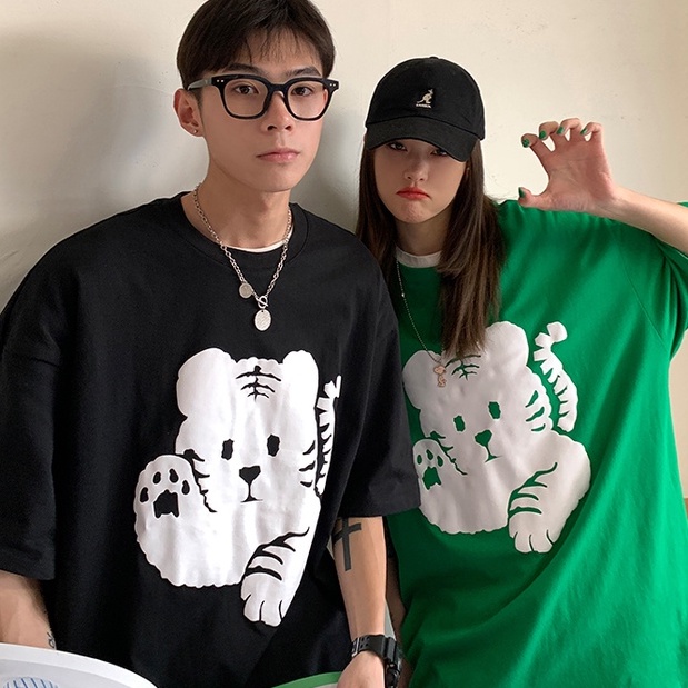 【I&F】虎頭男女款短袖T恤 實拍夏季新款韓版潮流寬鬆卡通印花半袖 男女款情侶短袖 短T 上衣 衣服