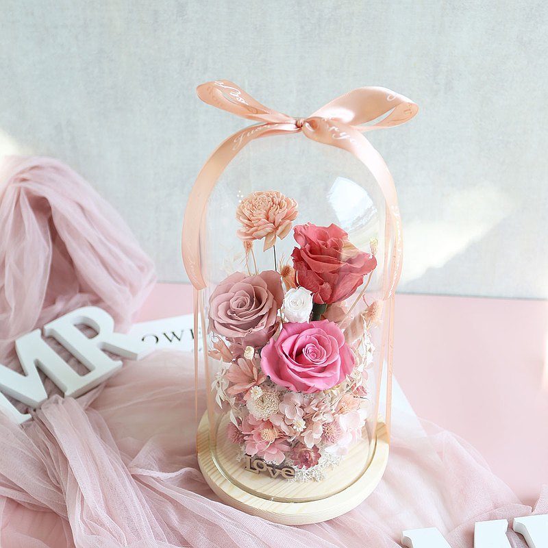 S40粉色系永生花大罩盅/玻璃罩盅/永生花盅/玫瑰罩盅/開幕花禮