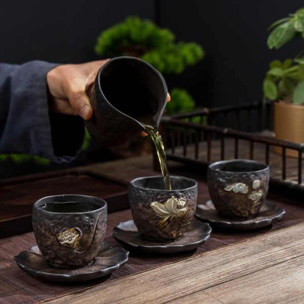粗陶老巖泥單茶杯 日式簡約陶瓷品茗杯/鎏金鐵釉復古茶具主人茶杯
