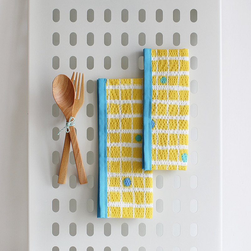 All-in-one 餐具布套 啪鈕款 防水內裡 清爽檸檬黃格藍波點