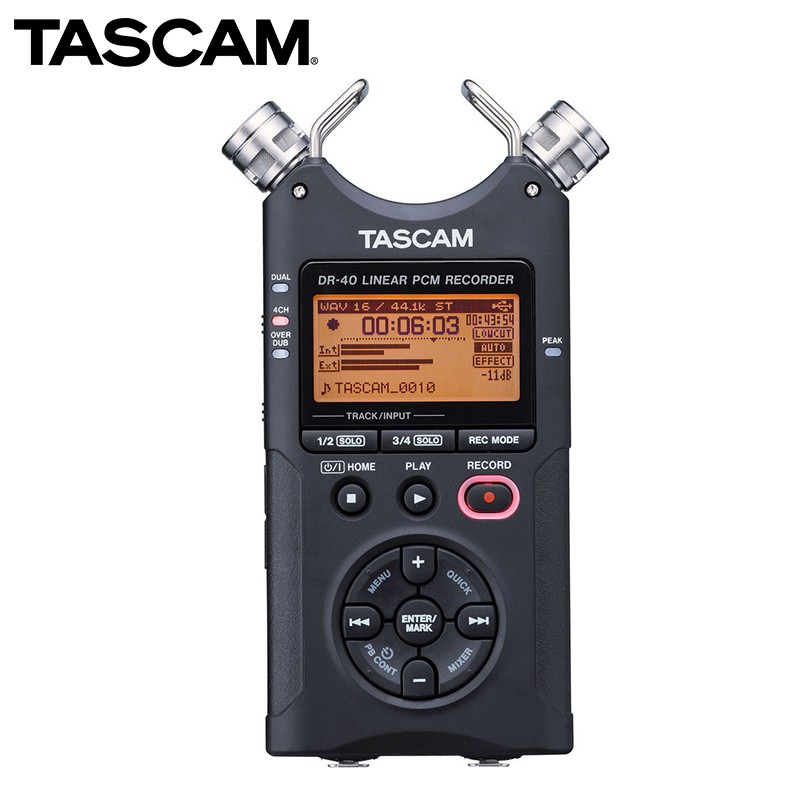 DR-40 概要 【功能一覽】 A-B/X-Y方式單向性立體聲電容式話筒 +4dBu線路電平/支持+48V的XLR/TRS輸入 雙重錄音、無損自動音軌增量等可進行各種活用的4音軌模式 內置使使用M-S