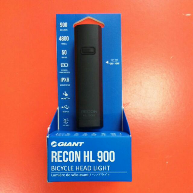 捷安特RECON HL900流明，充電型智慧前燈CHT/頭燈:自動功能（藍燈閃爍)，白天自動閃爍，夜晚恆亮，確保長期時間始用:光速配功能。與ANT，速度應器連線後(藍燈恆亮)自動調整亮度，延長使用時間