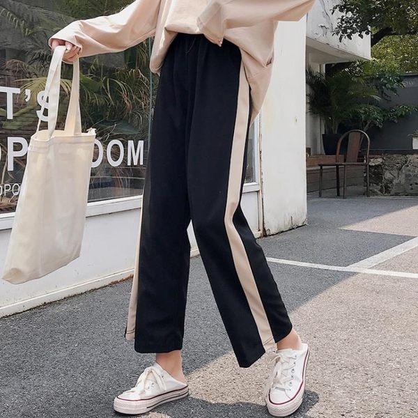 春秋墜感寬褲女高腰鬆緊直筒垂感學生韓版寬鬆運動休閒褲子