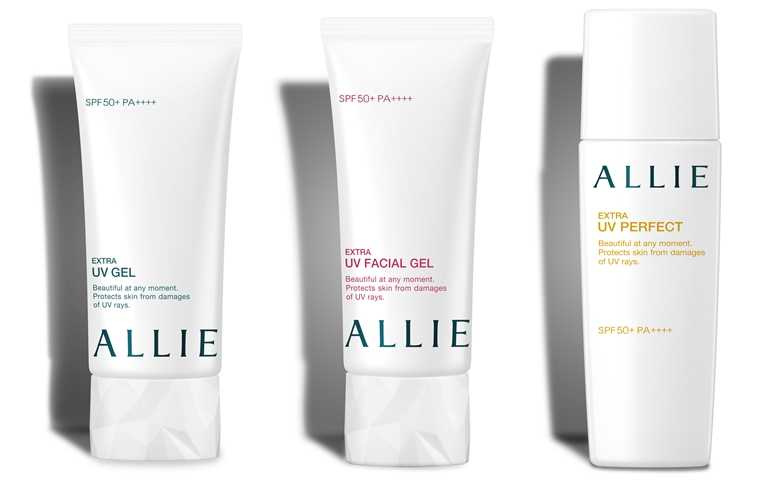 ALLIE EX UV高效防曬水凝乳N／850元、ALLIE EX UV高效防曬亮顏飾底乳N/850元、ALLIE EX UV完美高效防曬乳／850元(圖／品牌提供)