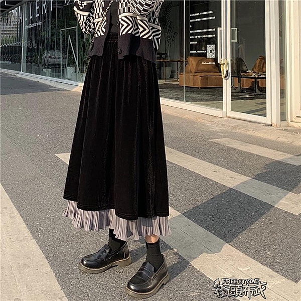 秋冬新款韓版復古高腰百褶裙金絲絨中長款氣質半身裙a字裙子