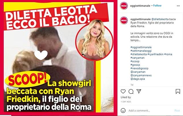 Diletta Leotta tertangkap kamera sedang ciuman dengan putra pemilik AS Roma. (Instagram/oggisettimanale)