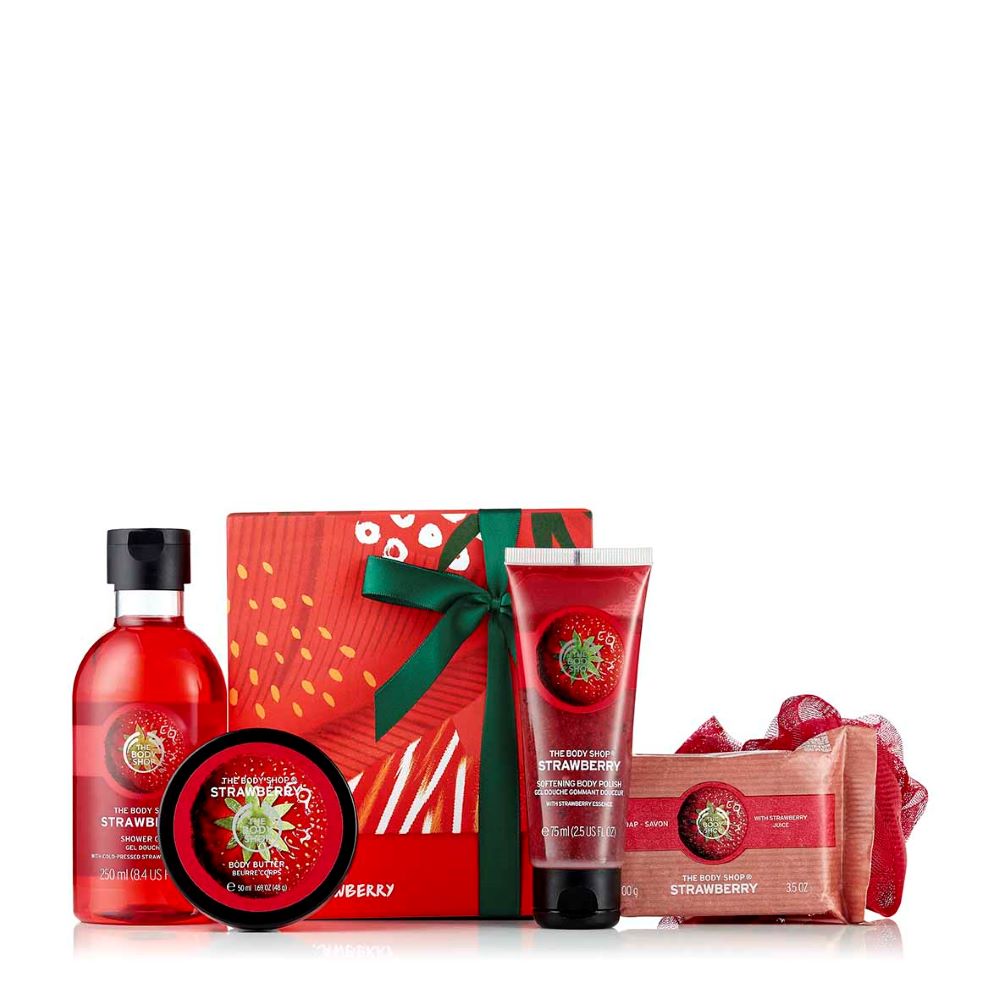草莓嫩白沐浴膠250ml+草莓嫩白身體滋養霜50ml +草莓嫩白磨砂沐浴膠75ml +沐浴球+草莓嫩白潔膚皂100g