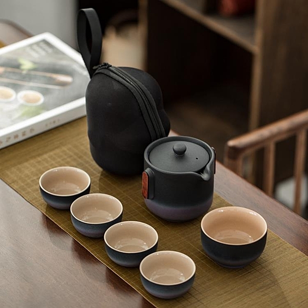 粗陶快客杯一壺五杯便攜戶外收納包泡茶壺旅行陶瓷功夫茶具套裝