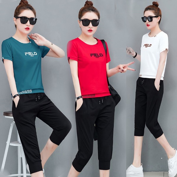 M-3XL韓妞運動風FIE立體電繡短袖上衣+休閒七分縮口褲 兩件式套裝(3色)-優美依戀