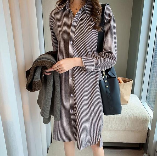 【GZ3E2】長版襯衫 韓版氣質百搭條紋襯衫 連身裙 中長版長袖襯衫 洋裝