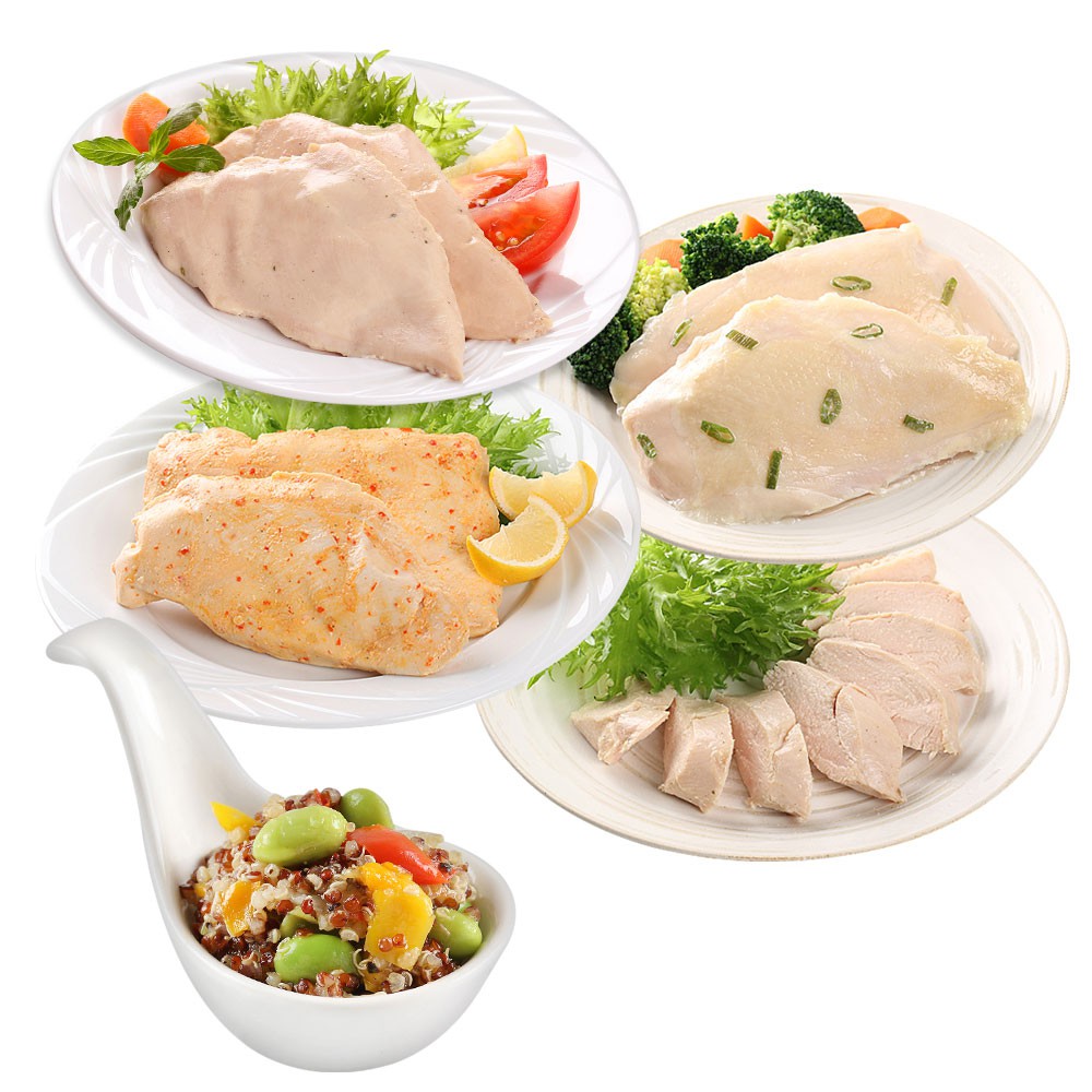 規格:超嫩油蔥舒肥雞胸*1；超嫩蒜味辣椒舒肥雞胸*1；日式鹽蔥帶皮舒肥嫩雞胸*1；原味海鹽舒肥嫩雞胸*1；輕采養生藜麥毛豆*1享吃藜麥毛豆(200g/包)-使高營養價值的紅白藜麥，維含量比麥高出50%