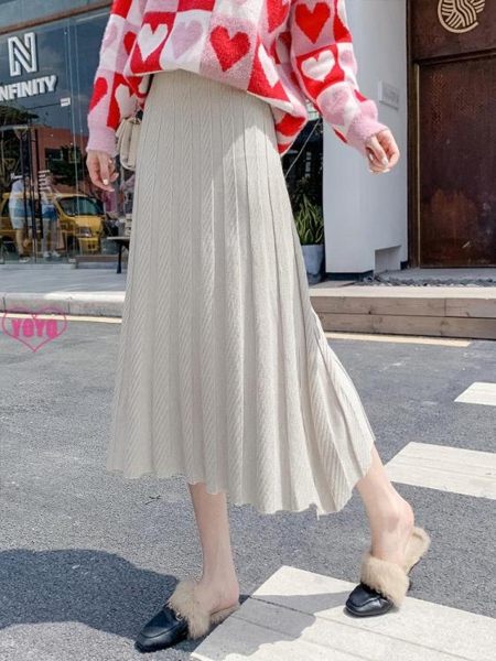 YOYO針織長裙 秋冬高腰中長款百褶毛線包臀裙 3色（S-XL）【AV1023】