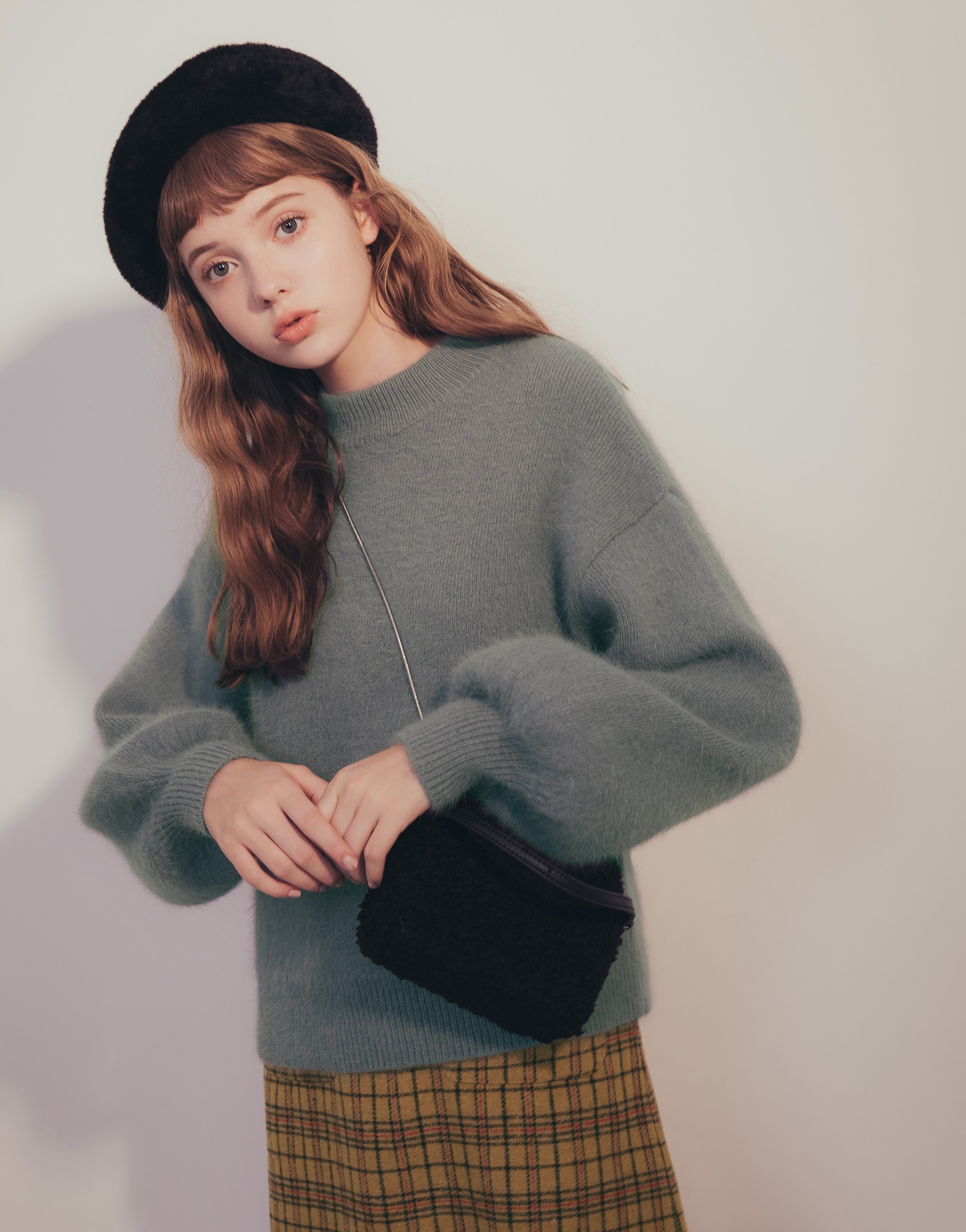 混紡長貂毛/舒適保暖/小高領設計/膨膨袖