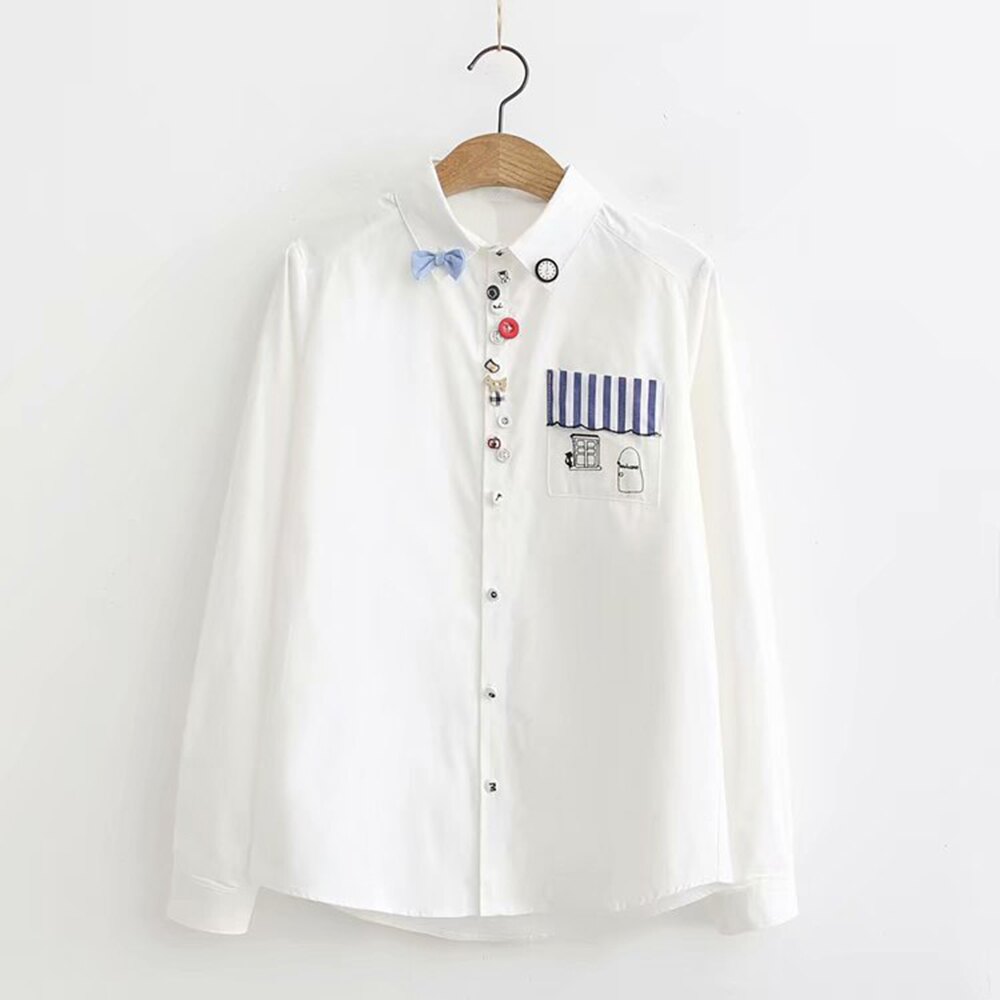 口袋條紋鐘錶釦子蝴蝶結翻領長袖襯衫(白色S~L)【OREAD】